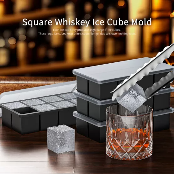 Flexibler Silikon-Eiswürfelbehälter Mit Deckel – Quadratisch, Groß, Für Whisky & Party (19,5x10,5x9 Cm)