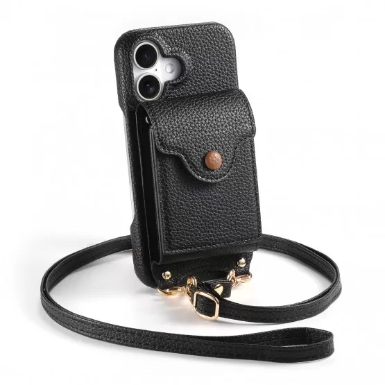 INF Schwarze PU-Leder Handyhlle mit Kartenfach, Spiegel und Umhngeband