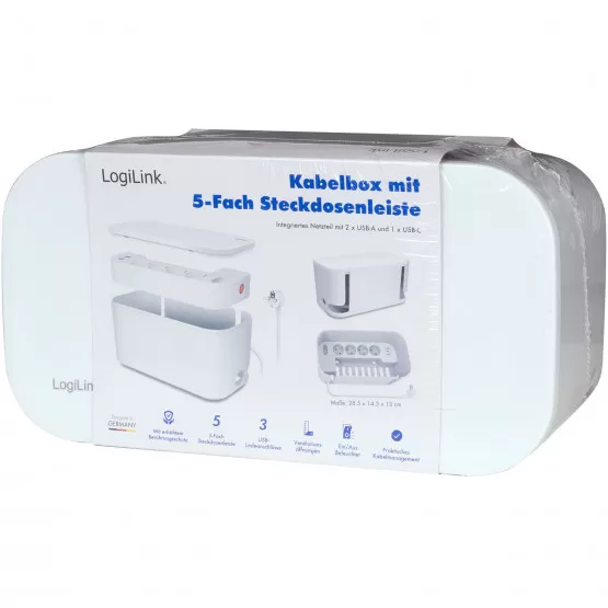 INF Kabelbox – Kabelversteck mit Abzweigdose + USB-A/USB-C-Aufladung. Weiß