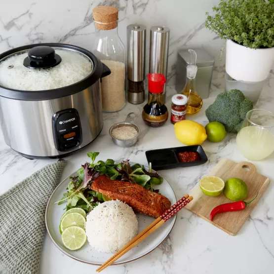 Produktbild von Concept RE3030 Digitaler Reiskocher – 1,5 L, 9 Programme, Dampfgaren, Joghurtfunktion, Weiß Mit Holzdekor