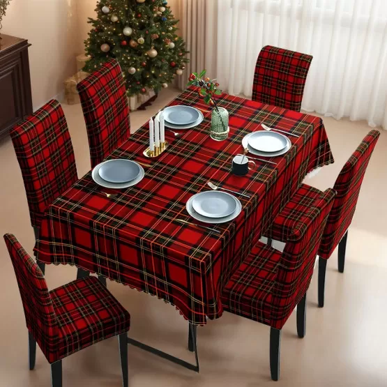 INF 7-teiliges kariertes Weihnachts-Tischdecken- und Stuhlhusen-Set –
