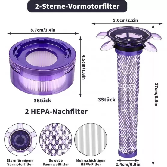 INF Ersatz-Zubehörset kompatibel mit Dyson V8 – 3 HEPA-Nachmotorfilter, 3 Vorfilter kompatibel mit Samsung & Reinigungsbürste