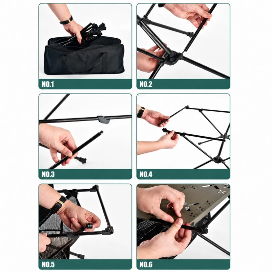 INF Faltbarer taktischer Campingtisch aus Aluminium mit Netzfach, Haken
