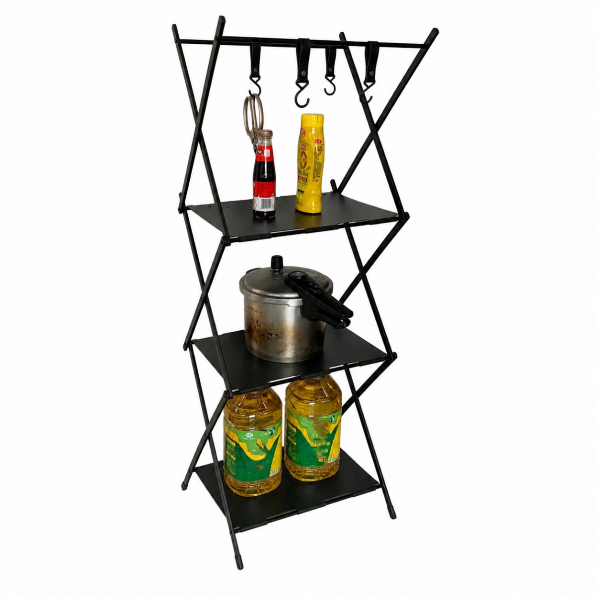 INF Dreistöckiges Outdoor-Aluminium-Campingregal mit Aufhängestange und 4 S-Haken